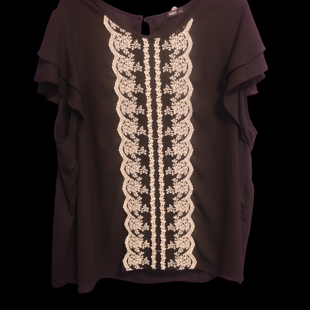 Ing Black Blouse with White Lace Detail